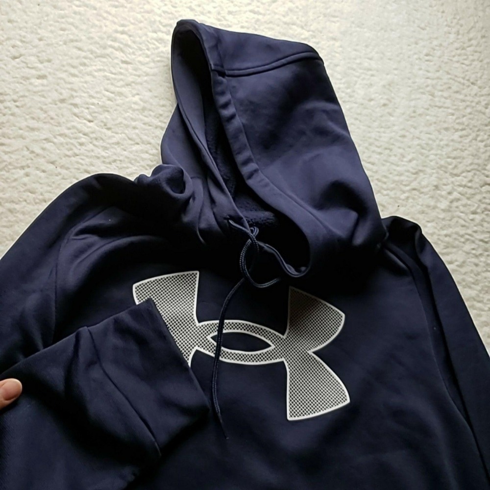 Under Armour Hoodie Mens Medium Blue Fleece‎ Pullover Big Logo Kangaroo Pocket